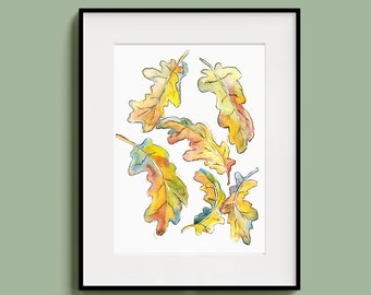 Falling Oak Leaves- 4x6 8x10 Watercolor Art Print - Modern Nature Wall Decor - Colorful Nature Illustration - Cozy Cottagecore Autumnal Art