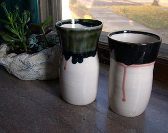 Tall Black, Pink, and White Drippy Tumbler, 16 oz Ceramic Cup, Tiki Highball, Dishwasher and Microwave Safe Unhandled Mugs