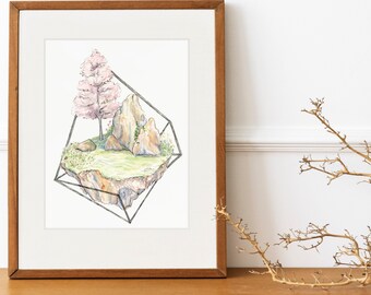 Floating Terrarium: Pink Tree Watercolor Print 4x6 8x10 - Colorful Watercolor and Pen Art Print -Nature Scene Illustration Wall Decor