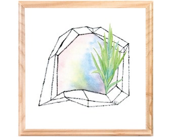 Green Botanical Watercolor Painting - Slender False Brome Grass Original Art - Modern Geometric Nature Framed Art - 7x7 Square Plant Art