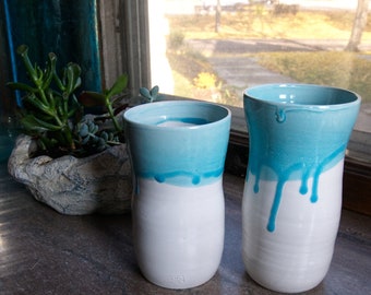 Tall Blue and White Drippy Tumbler, 16 oz Ceramic Cup, Tiki Highball, Dishwasher and Microwave Safe Unhandled Mugs