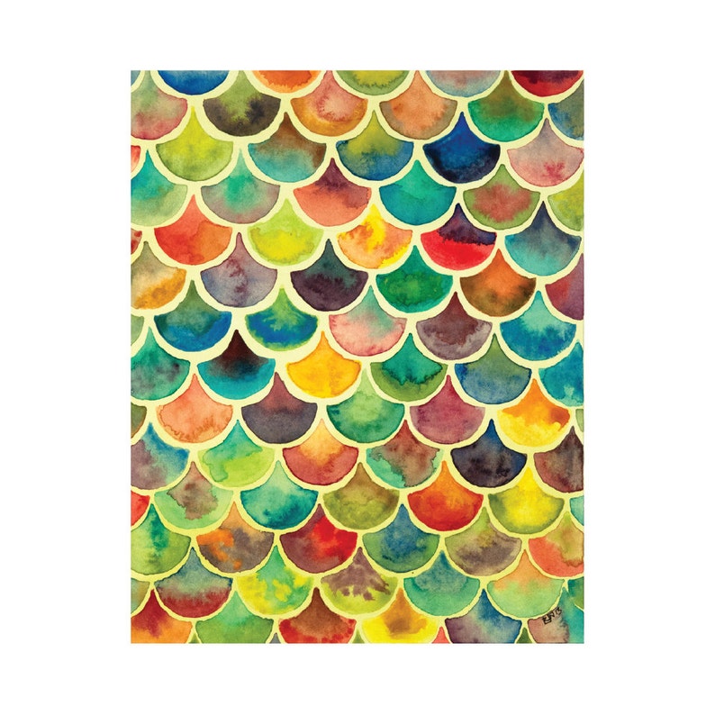 Rainbow Scales 4x6 8x10 Print Archival Quality Watercolor Giclee Bright Tiled Geometric Art Mermaid Scale Art Rainbow Fish Print image 1