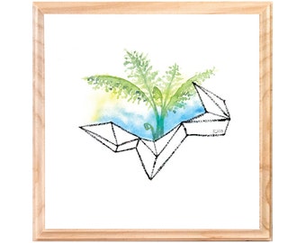 Modern Green Fern Watercolor Painting - Geometric Lady Fern Original Art - 7x7 Small Square Plant Illustration - Fern Botanical Art