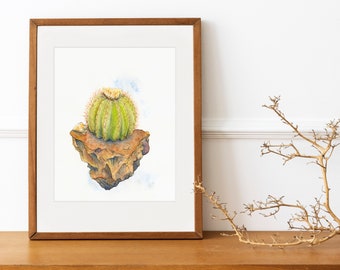 Flowering Barrel Cactus - 4x6 Print, 8x10 Watercolor, Southwestern Wall Art - Yellow Flowering Cacti Watercolor Giclee - Modern Desert Print