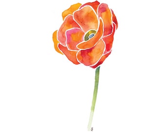 Orange Poppy 4x6 8x10 Print - Archival Quality Watercolor Art - Bright Orange Red Poppy Flower Art - Simple Flower Print