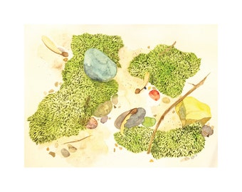 Moss Still Life 4x6 8x10 Print,"Moss and Helicopters" Maple Seeds Archival Quality Watercolor Giclee Art, Calm Green Nature Illustration