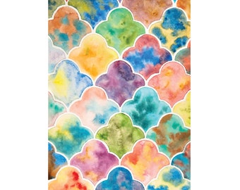 Rainbow Quatrefoil 4x6 8x10 Print - Archival Quality Watercolor Giclee - Multicolored Cloud Repeat Pattern Art - Colorful Geometric Art