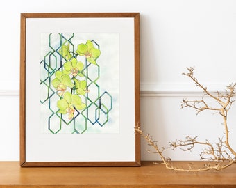Green Orchids Geometric 4x6 8x10 Print - Modern Flower Watercolor Art - Bright Green and Blue Watercolor Art