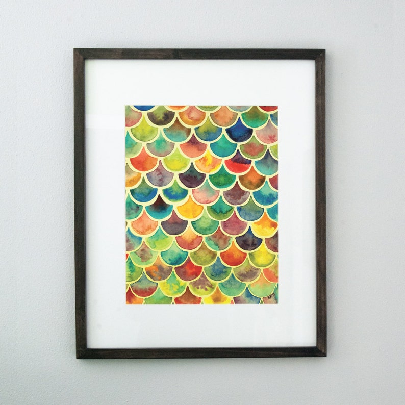 Rainbow Scales 4x6 8x10 Print Archival Quality Watercolor Giclee Bright Tiled Geometric Art Mermaid Scale Art Rainbow Fish Print image 2