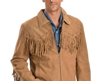 May include: A tan suede jacket with fringe detailing across the chest, shoulders, and sleeves. The jacket has a zip-up front and a collared neckline. The person in the image is wearing a denim shirt underneath.