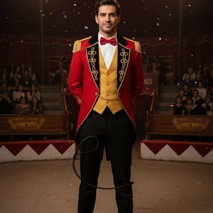 May include: A man in a red circus ringmaster's jacket with gold trim, black trousers, and a bow tie stands in a circus ring. The jacket has gold epaulettes and black and gold decorative stitching. A whip lies on the ground.