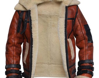 Warm Men's Shearling Jacket | Authentic RAF Pilot Style | Brown Sheepskin Leather Bomber | Cozy Winter Fur Lined Coat | Durable Aviator Gift
