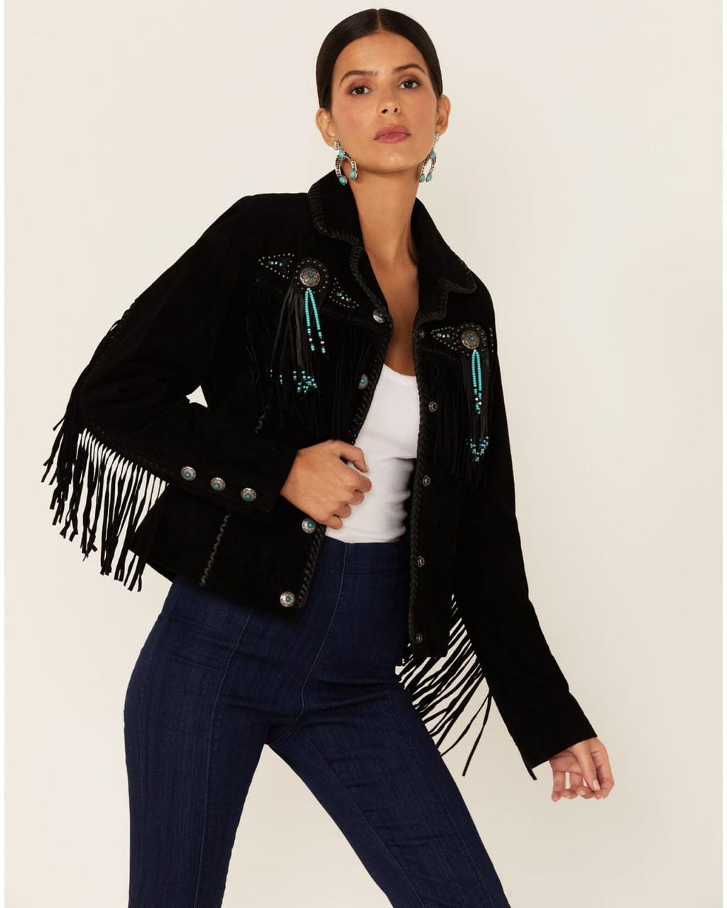 Veste Vintage Scully Western – Cuir Daim Marron, Franges Et Boutons Concho, Femme XL