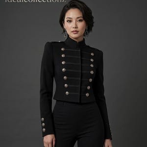 Luxury Black Hussar Cropped Jacket – Women's Structured Military Blazer with Silver Buttons