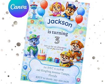 Editable Paw-ty Birthday Invitation Template, Kids Printable Party Invitation, Puppy Patrol Pup Crew Boys & Girls Bday, Digital Download