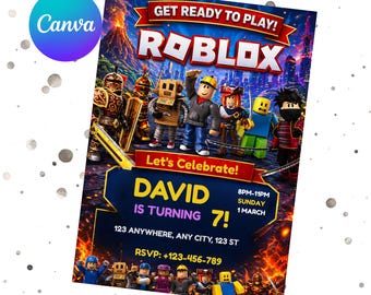 Roblox birthday invitation template, Roblox Bday Digital invite, Editable Roblox Birthday, gamer birthday, canva template, instant download