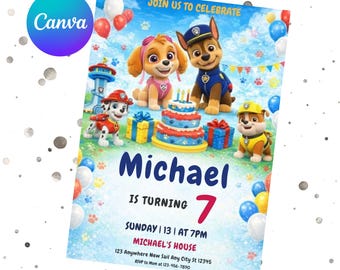 Editable Paw-ty Birthday Invitation Template, Kids Party Invitation, Puppy Patrol Pup Boys & Girls Bday, Instant Download, Canva Template