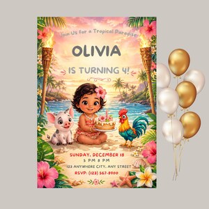 Puede incluir: Una invitaci&oacute;n de cumplea&ntilde;os con tem&aacute;tica tropical que presenta a una ni&ntilde;a de dibujos animados sosteniendo un pastel, rodeada de un cerdo, un gallo y flores tropicales. La invitaci&oacute;n incluye el texto "&iexcl;OLIVIA CUMPLE 4!" y detalles del evento.