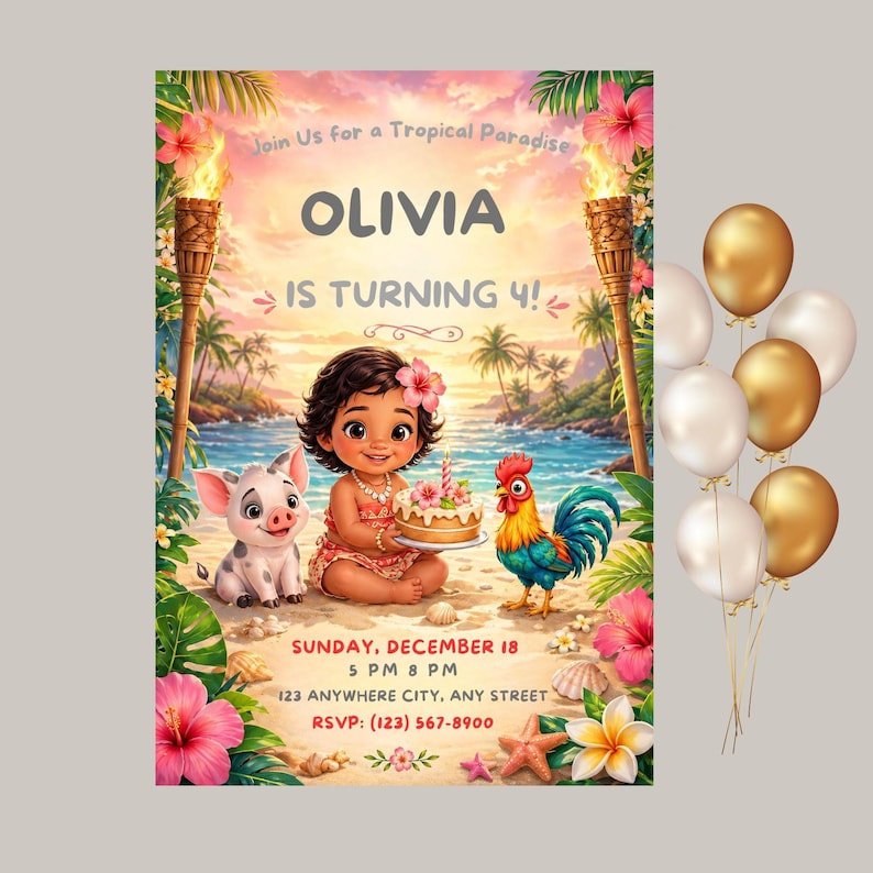 Puede incluir: Una invitaci&oacute;n de cumplea&ntilde;os con tem&aacute;tica tropical que presenta a una ni&ntilde;a de dibujos animados sosteniendo un pastel, rodeada de un cerdo, un gallo y flores tropicales. La invitaci&oacute;n incluye el texto "&iexcl;OLIVIA CUMPLE 4!" y detalles del evento.