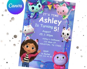 Editable Gabbys Dollhouse Birthday Invitation, Gabby Kids Party invites, Gabby's Printable Template, Digital Download Gabby Dollhouse Invite