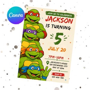 May include: A birthday party invitation featuring the Teenage Mutant Ninja Turtles. The invitation includes the text "Join us to celebrate Jackson is turning 5 July 20". The invitation also includes the party's time, location, and RSVP information.