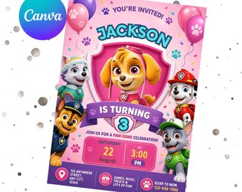 Paw-ty Birthday Invitation Template, Kids Party Invitation, Puppy Patrol Pup Boys & Girls Bday, Editable Canva Download