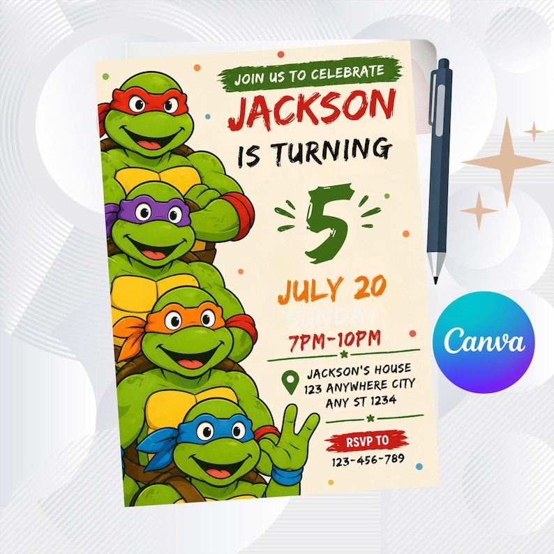 May include: A birthday party invitation featuring the Teenage Mutant Ninja Turtles. The invitation reads "Join us to celebrate Jackson is turning 5" with the date July 20 and the time 7PM-10PM. Includes address and RSVP information.