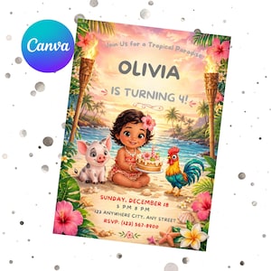 Puede incluir: Una colorida invitaci&oacute;n de cumplea&ntilde;os con tem&aacute;tica tropical. La invitaci&oacute;n presenta el nombre "OLIVIA" y el texto "IS TURNING 4!". El dise&ntilde;o incluye ilustraciones de una ni&ntilde;a, un cerdo, un gallo y una tarta de cumplea&ntilde;os. La invitaci&oacute;n tambi&eacute;n incluye detalles del evento.
