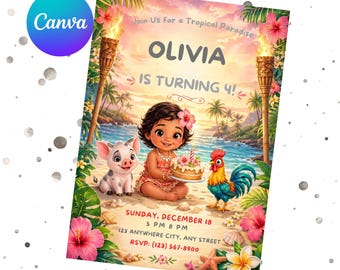 Editable Moana Birthday Invitation | Canva Template Evite | Printable Ocean Theme Party Invite for Girl | Digital Download Invitation