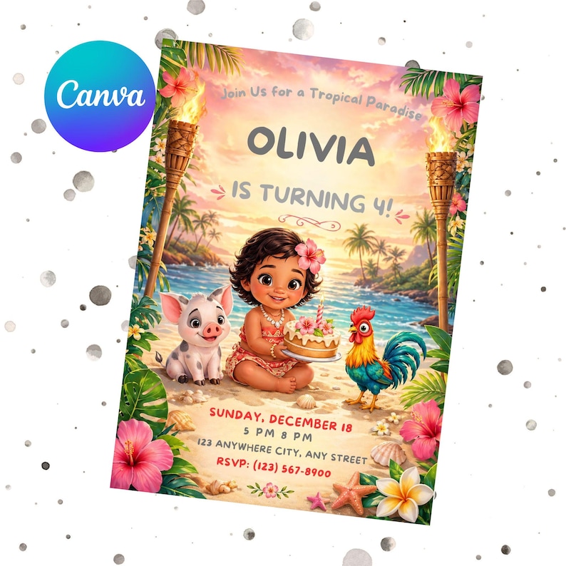 Puede incluir: Una colorida invitaci&oacute;n de cumplea&ntilde;os con tem&aacute;tica tropical. La invitaci&oacute;n presenta el nombre "OLIVIA" y el texto "IS TURNING 4!". El dise&ntilde;o incluye ilustraciones de una ni&ntilde;a, un cerdo, un gallo y una tarta de cumplea&ntilde;os. La invitaci&oacute;n tambi&eacute;n incluye detalles del evento.