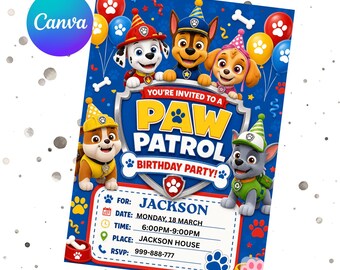 Paw Patrol Birthday Invitation Editable Canva Template | Puppy Party Invite | Digital Instant Download