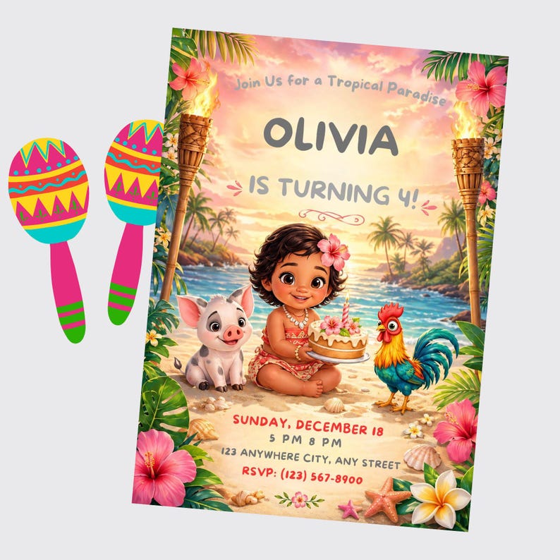 Puede incluir: Una invitaci&oacute;n de cumplea&ntilde;os con tem&aacute;tica tropical con el texto "&iexcl;OLIVIA CUMPLE 4!". El dise&ntilde;o incluye una ni&ntilde;a de dibujos animados, un cerdo y un gallo. Dos maracas est&aacute;n a la izquierda. La invitaci&oacute;n incluye detalles del evento.