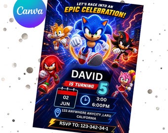 Editable Sonic Birthday Invitation, Sonic The hedgehog Party birthday invitation card, kids party invite, Digital Download, canva template