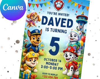 Editable Paw-ty Birthday Invitation Template, Kids Party Invitation, Puppy Patrol Pup Boys & Girls Bday, Instant Download