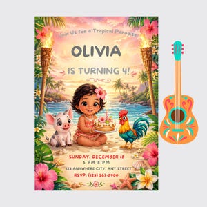 Puede incluir: Una invitaci&oacute;n de cumplea&ntilde;os con tem&aacute;tica tropical que presenta una ilustraci&oacute;n de dibujos animados de una ni&ntilde;a, un cerdo y un gallo en una playa. La invitaci&oacute;n incluye el texto "OLIVIA IS TURNING 4!" y los detalles del evento. Una guitarra decorativa est&aacute; a la derecha.