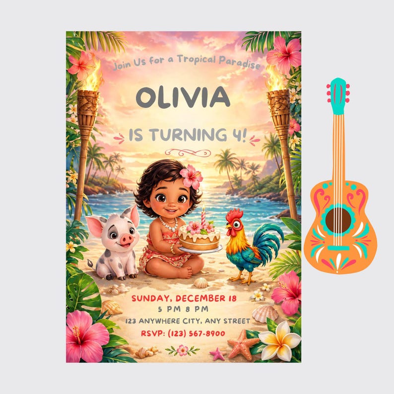 Puede incluir: Una invitaci&oacute;n de cumplea&ntilde;os con tem&aacute;tica tropical que presenta una ilustraci&oacute;n de dibujos animados de una ni&ntilde;a, un cerdo y un gallo en una playa. La invitaci&oacute;n incluye el texto "OLIVIA IS TURNING 4!" y los detalles del evento. Una guitarra decorativa est&aacute; a la derecha.