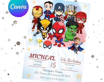Superhero Birthday Invitation Editable Template, Avengers Superhero Digital Invitation, Super Hero Invitation Card Instant Download, Canva