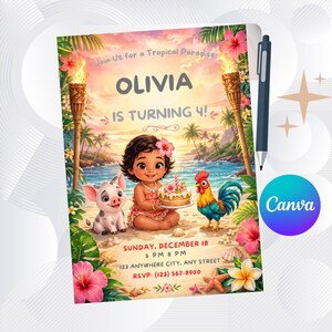 Puede incluir: Una colorida invitaci&oacute;n para una fiesta de cumplea&ntilde;os con tem&aacute;tica tropical. La invitaci&oacute;n presenta una ilustraci&oacute;n de dibujos animados de una ni&ntilde;a con un pastel, un cerdo y un gallo en una playa. El texto incluye el nombre "OLIVIA", la edad "4" y los detalles de la fiesta.