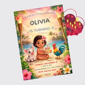 Puede incluir: Una colorida invitaci&oacute;n para una fiesta de cumplea&ntilde;os con tem&aacute;tica tropical. La invitaci&oacute;n presenta el nombre "OLIVIA" y el texto "IS TURNING 4!" junto con los detalles del evento. El dise&ntilde;o incluye ilustraciones de una ni&ntilde;a, un cerdo, un gallo, un pastel y un paisaje tropical.
