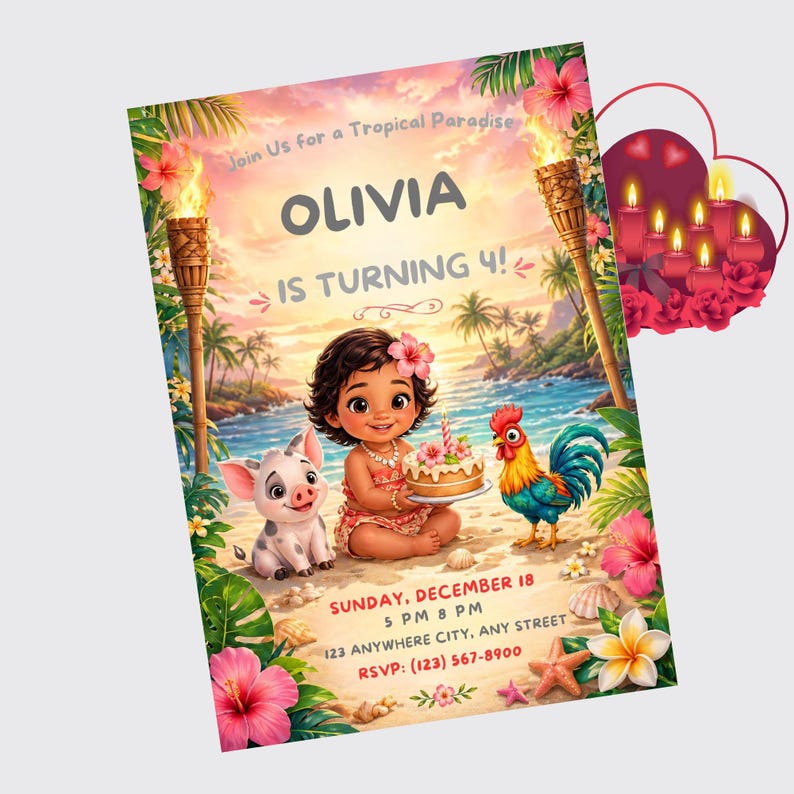 Puede incluir: Una colorida invitaci&oacute;n para una fiesta de cumplea&ntilde;os con tem&aacute;tica tropical. La invitaci&oacute;n presenta el nombre "OLIVIA" y el texto "IS TURNING 4!" junto con los detalles del evento. El dise&ntilde;o incluye ilustraciones de una ni&ntilde;a, un cerdo, un gallo, un pastel y un paisaje tropical.