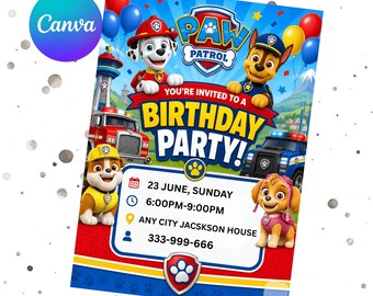 Editable Paw-ty Birthday Invitation Template | Kids Printable Party Invitation | Puppy Patrol Pup Crew Boys & Girls Bday | Digital Download