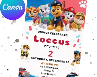 Editable Paw-ty Birthday Invitation Template | Kids Printable Party Invitation | Puppy Patrol Pup Crew Boys & Girls Bday (Instant Download)