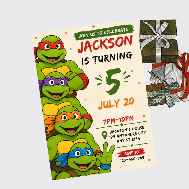 May include: A birthday party invitation featuring the Teenage Mutant Ninja Turtles. The invitation reads "Join us to celebrate JACKSON is turning 5 July 20 7PM-10PM". Includes address and RSVP information. Several wrapped gifts are in the background.