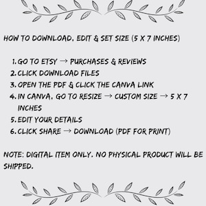 Puede incluir: Un fondo blanco con texto negro que proporciona instrucciones sobre c&oacute;mo descargar, editar y establecer el tama&ntilde;o de un art&iacute;culo digital. El texto incluye pasos para compras en Etsy y el cambio de tama&ntilde;o en Canva a 5 x 7 pulgadas (12,7 x 17,8 cm). Elementos de hojas decoran el texto.