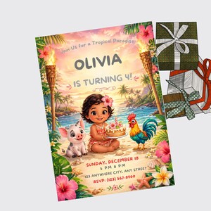 Puede incluir: Una colorida invitaci&oacute;n de cumplea&ntilde;os con el texto "OLIVIA IS TURNING 4!" presenta una ilustraci&oacute;n de dibujos animados de una ni&ntilde;a, un cerdo y un gallo en una playa. La invitaci&oacute;n incluye detalles del evento y flores tropicales.