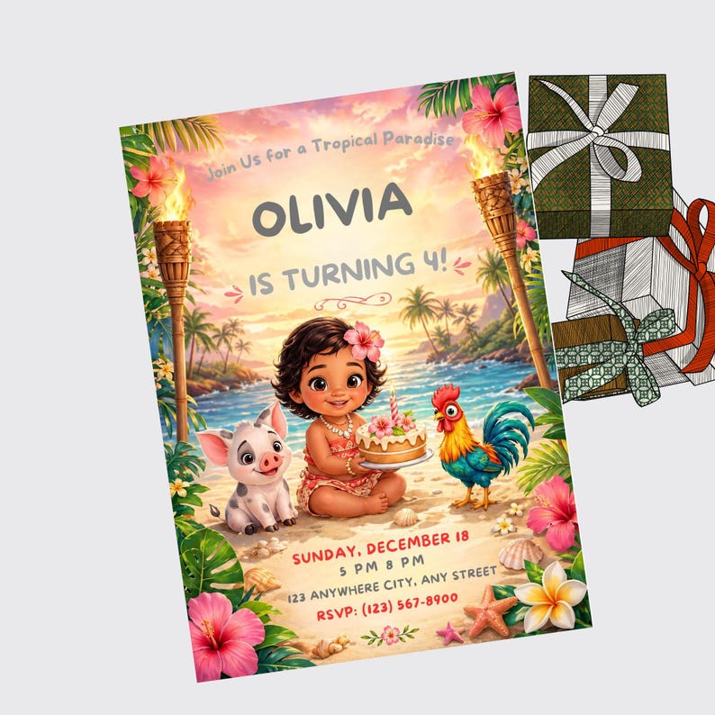 Puede incluir: Una colorida invitaci&oacute;n de cumplea&ntilde;os con el texto "OLIVIA IS TURNING 4!" presenta una ilustraci&oacute;n de dibujos animados de una ni&ntilde;a, un cerdo y un gallo en una playa. La invitaci&oacute;n incluye detalles del evento y flores tropicales.