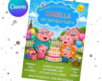 Editable Peppa Pig Birthday Invitation: Kids Birthday Party Invite, Personalized Canva Template, Digital Download, Instant Download