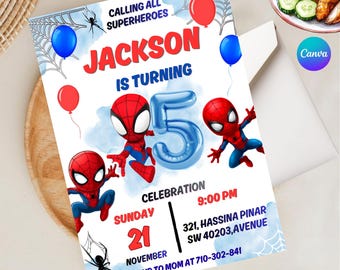 Convite de aniversário editável em aquarela do Homem-Aranha e seus amigos | Modelo de convite de aniversário de super-herói para Canva | Download digital