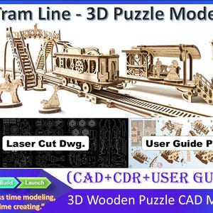 May include: A 3D wooden puzzle model of a tram line featuring a tram, tracks, a bridge, a station, and small figures. The text reads Tram Line - 3D Puzzle Model, Laser Cut Dwg., User Guide PDF, CAD+CDR+USER GUIDE, and Spend less time modeling, more time creating.