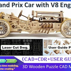 May include: A 3D wooden puzzle model of a Grand Prix car with a V8 engine. The image displays the assembled car, laser cut drawing files, and a user guide PDF. Text includes Grand Prix Car with V8 Engine, Laser Cut Dwg, User Guide PDF, and CAD+CDR+USER GUIDE.